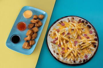 Kids' menu: cheesy fries pizza and chicken nuggets with colorful background