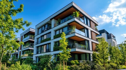 A modern apartment block with stylish architecture and open balconies. The building is surrounded by greenery and well-designed communal areas.