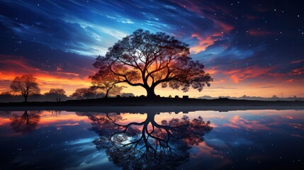 Silhouette Tree Reflection at Sunset