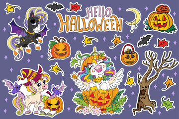 Fototapeta premium Set of Halloween unicorns and elements blue vector