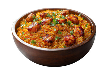 A Realistic Wooden Bowl of Biryani with Chicken Isolated on Transparent Background