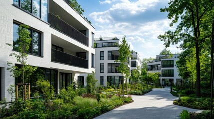 Fototapeta premium A modern block of flats with a minimalist design, surrounded by newly planted trees and landscaped paths, with ample natural light streaming through large windows.