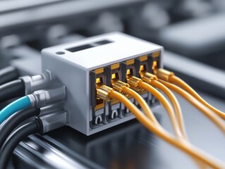 Close-up of a modern electrical connector with multiple wires, showcasing intricate engineering and design.