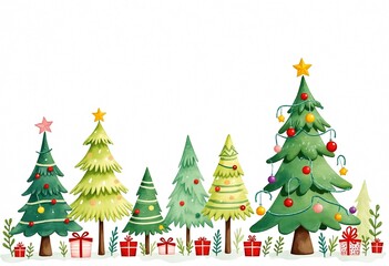 Fototapeta premium Vibrant watercolor Christmas trees embellished with ornaments amidst cheerful decorations
