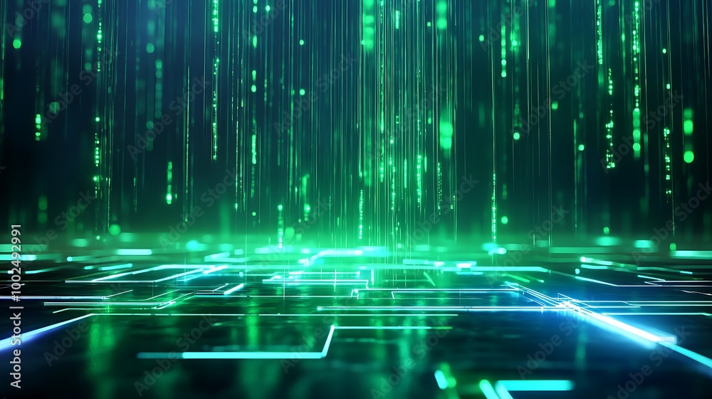 Poster futuristic digital backdrop with glowing green lines and binary patterns, ideal for tech-related vis