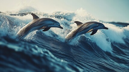 Fototapeta premium Oceanic Grace: A lone dolphin soars through the sparkling sea, its sleek body glistening in the sun