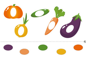Cut out and glue colorful circles onto the vegetables. Learning to cut. Game for children. Educational cards for children. Preschool activity pages worksheet with cut out insert.