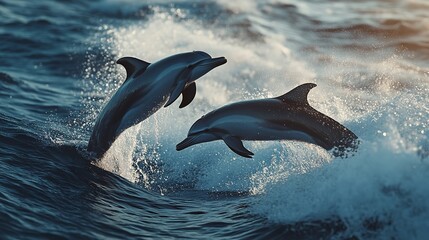 Fototapeta premium Oceanic Grace: A lone dolphin soars through the sparkling sea, its sleek body glistening in the sun
