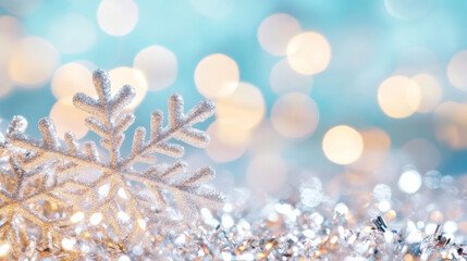 Sparkling snowflake decoration on a shimmering blue background during winter festivities