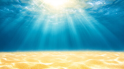 A bright blue ocean with a sun shining through the water. The sun is casting a beautiful light on the water, creating a serene and peaceful atmosphere