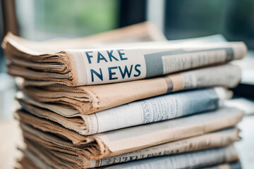 Stack of newspapers with Fake News headline. Concept of media bias, misinformation and modern journalism challenges. Manipulation of citizenship consciousness with help of mass media