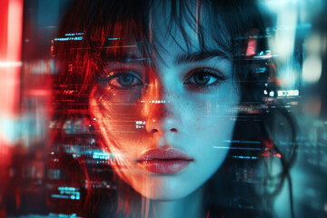 Woman face with computer code in neon lighting. Digital portrait in cyberspace