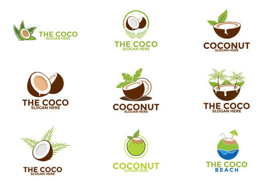Set of Coconut with leaves sign logo design template. Creative modern coconut with leaves sign logo Icon set
