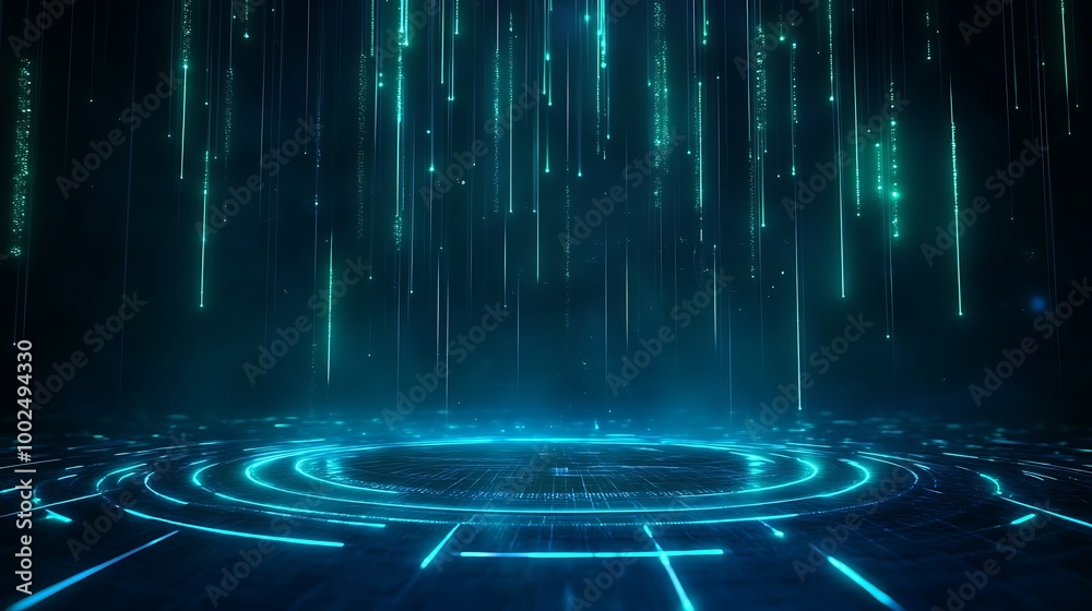 Poster futuristic digital background with glowing blue lines and vertical data streams, creating an immersi