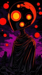 Mysterious Figure with Glowing Eyes in a Dark Landscape