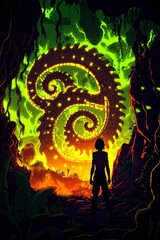 Man Contemplating Ancient Spiraling Structure in Jungle