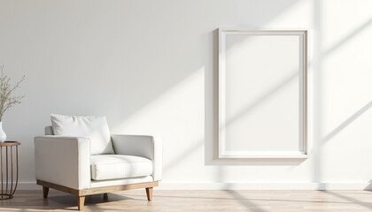 A minimalist living room with a white wall, a white armchair, a wooden framed poster, a plant, a side table, and wood flooring. Sunlight streams through the window, casting soft shadows on the space. 