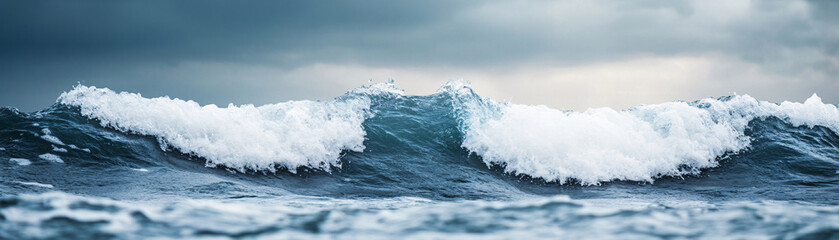 Obraz premium A large wave is crashing on the shore. The sky is cloudy and the water is choppy