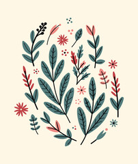 Stylized Botanical Vector Set with Soft Pastel Hues: Pastel Blue, Soft Red, Dark Teal, Light Beige