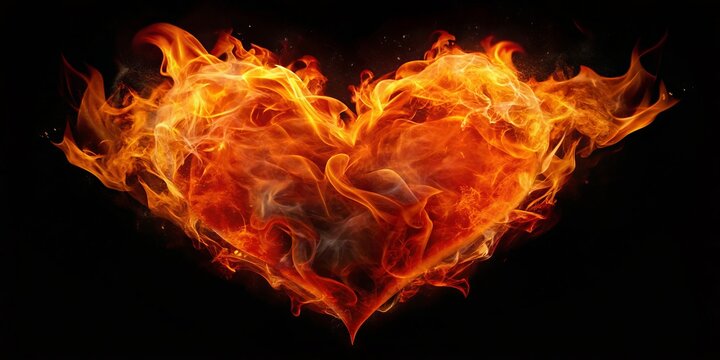 Fiery Heart Symbolizing Passion and Emotion in Vibrant Red and Orange Flames Against a Black Background