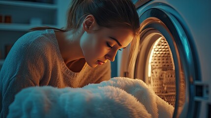 A woman inhaling the fresh scent of a fluffy shirt as she pulls it out of the dryer, with soft lighting illuminating the clean laundry room.