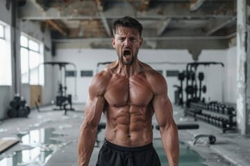 Fototapeta premium Intense muscular workout in abandoned industrial gym setting.