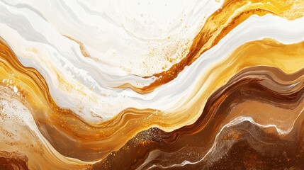 Aesthetic wavy dynamic background. Rich brown, golden yellow, white, and beige colors. Banner template. Generative AI