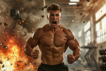 Intense muscular athlete in a high-energy explosion gym scene.
