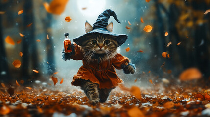 A cute kitten wearing a wizard's hat is making a potion Halloween background concept