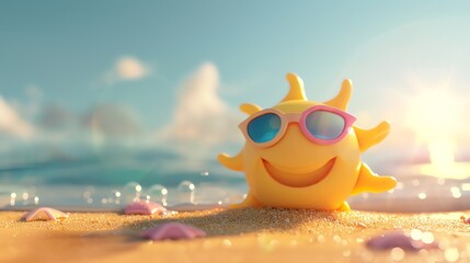 A cartoon sun wearing sunglasses sits on a sandy beach. - Powered by Adobe