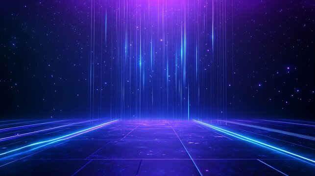Futuristic digital background with vibrant blue and purple lights, creating a dynamic and energetic atmosphere.