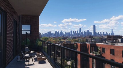 An upscale block of flats, showcasing spacious balconies, a rooftop lounge, and panoramic city views, in a vibrant neighborhood.