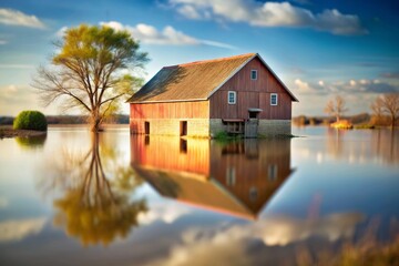 Obraz premium Flooded Farm Building Surrounded by Water with Surreal Reflection in the Calm Floodwaters Below
