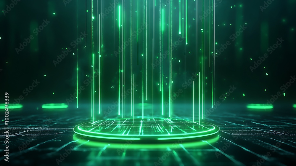 Poster futuristic digital display with glowing green lines and circular base, creating a holographic effect