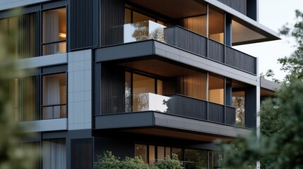 Close-up of a modern residential building's facade, highlighting the mix of materials like glass, wood, and steel, with stylish balconies and large windows.