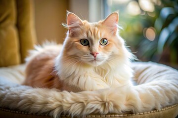 Fluffy cream-colored cat lounging on a soft cushion, showcasing its adorable and playful nature