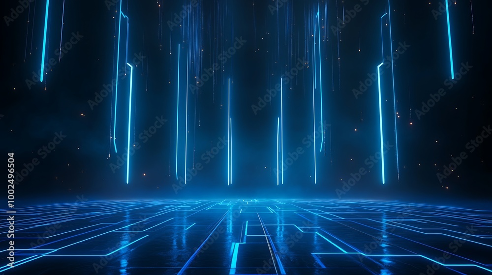 Poster futuristic digital environment with glowing blue lines and grid patterns, creating a virtual reality