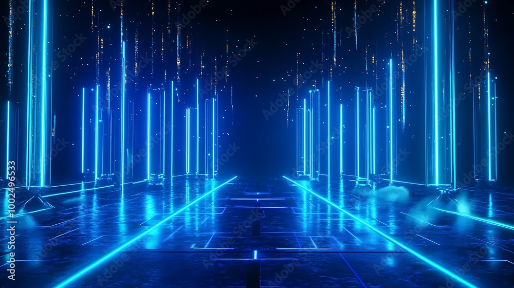 Poster futuristic digital environment with glowing blue lines, creating a mesmerizing visual effect in an a