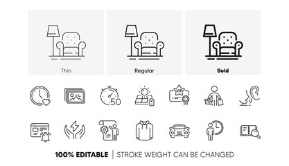 Solar panel, Whisper and Settings blueprint line icons. Pack of Safe energy, Car, Vip certificate icon. Waiting, Timer, Armchair pictogram. Search book, Internet notification, Hoody. Vector