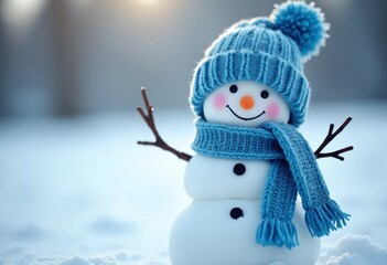 A snowman with a blue hat and scarf is smiling