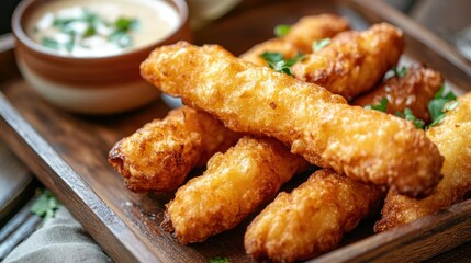 Close-up of freshly deep-fried dough sticks on a wooden tray, golden brown and crispy, served with a side of warm soy milk in a cozy kitchen setting.