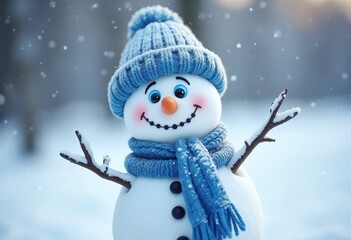 Obraz premium A snowman with a blue hat and scarf is smiling