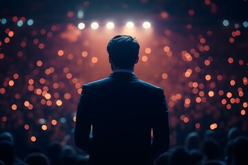 A man stands on a stage in front of a crowd of people