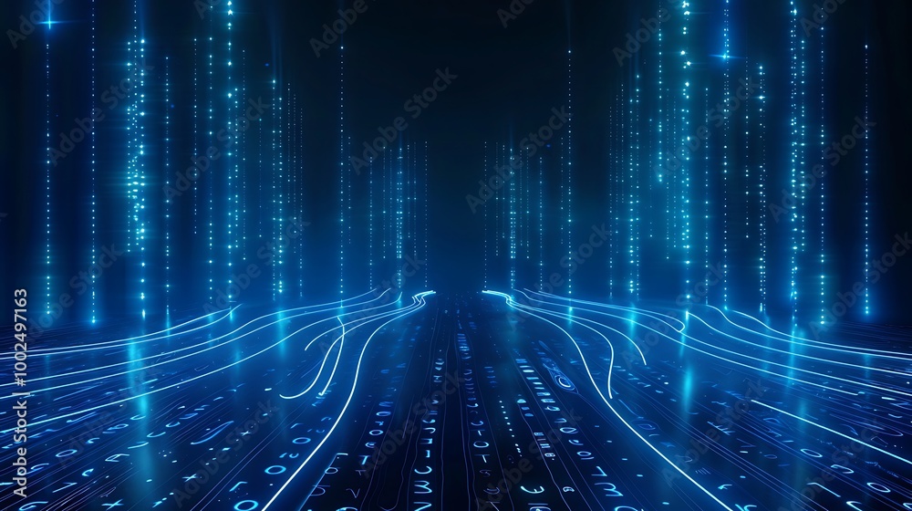 Poster futuristic digital landscape featuring glowing blue lines and binary code, representing advanced tec