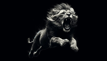 Fototapeta premium Powerful black and white illustration of a roaring lion mid-leap against a dark background