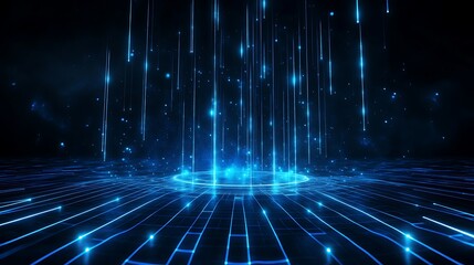 Futuristic digital landscape with blue glowing lines and particles, creating a sense of depth and movement.