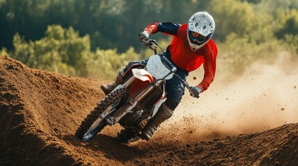 Motocross rider navigating a technical section of the dirt track, carefully balancing the bike while maintaining high speed.