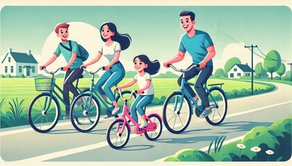 Fototapeta premium The joyful cartoon-style illustration of the family riding bicycles on a beautiful countryside road