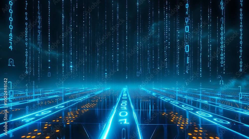 Poster futuristic digital landscape with glowing binary code on a dark background.