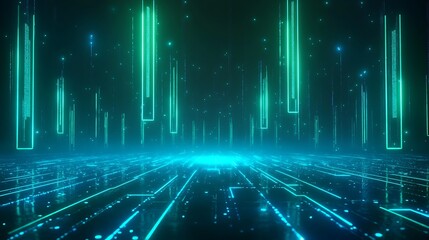 Futuristic digital landscape with glowing blue and green lines, creating a cybernetic sense of depth and space.